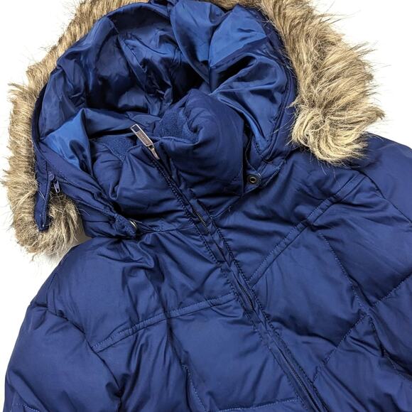 Land's End Coat Women's Size XS 2-4 Navy Down Fur Hooded - Picture 2 of 14